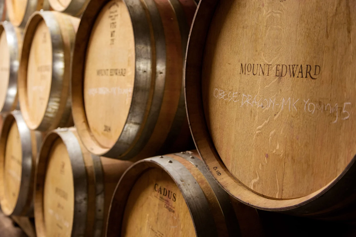 Stacked oak barrels with Mount Edward branded into their end grain, chalk markings on the nearest heads