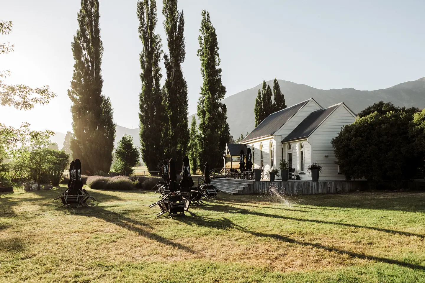 White weatherboard church with a steep dark roof and arched gothic windows, low sun behind the poplars beside it